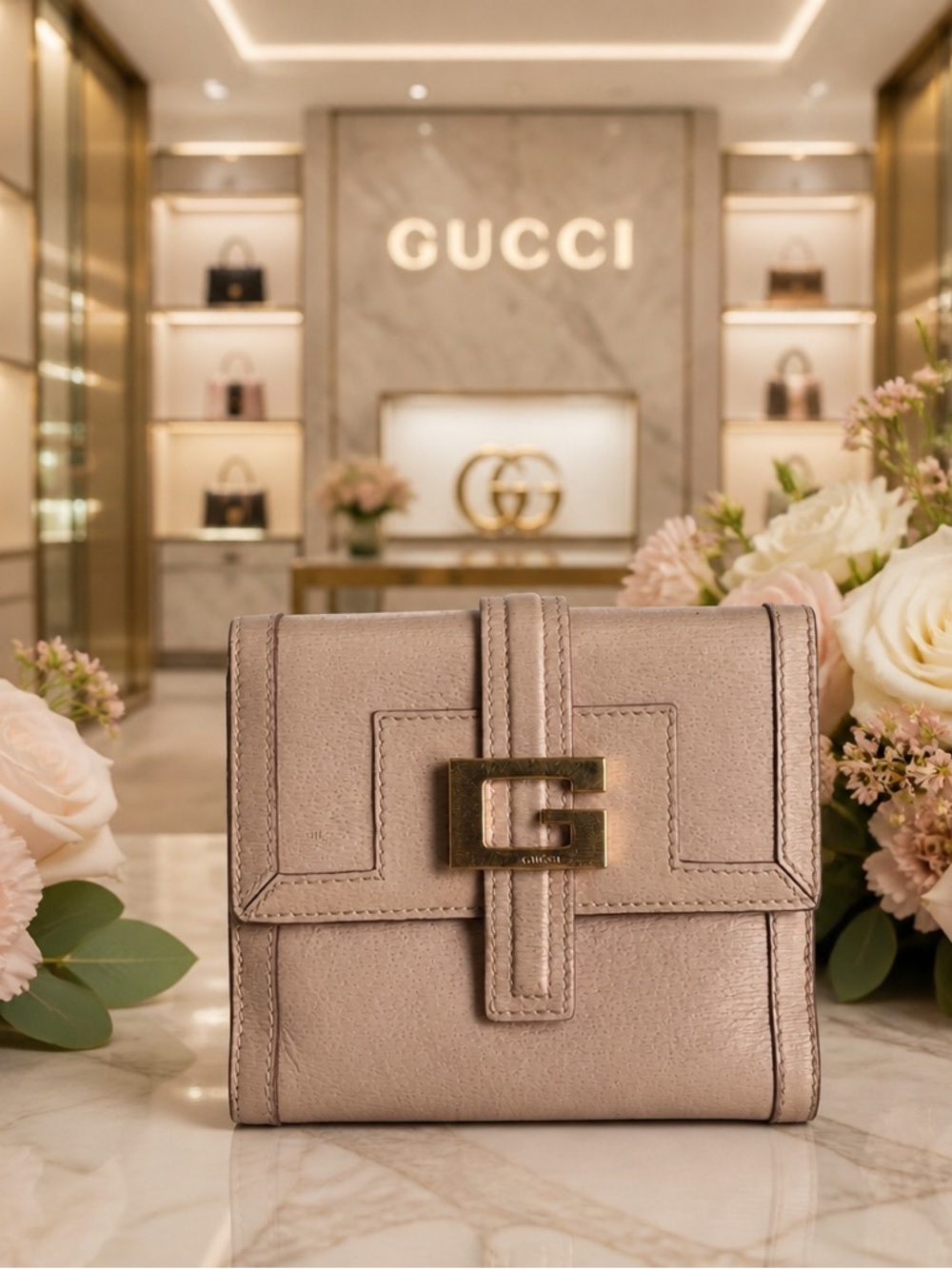 TOM FORD ERA Gucci Blush calf Leather G Square Compact Wallet with Gold G Buckle